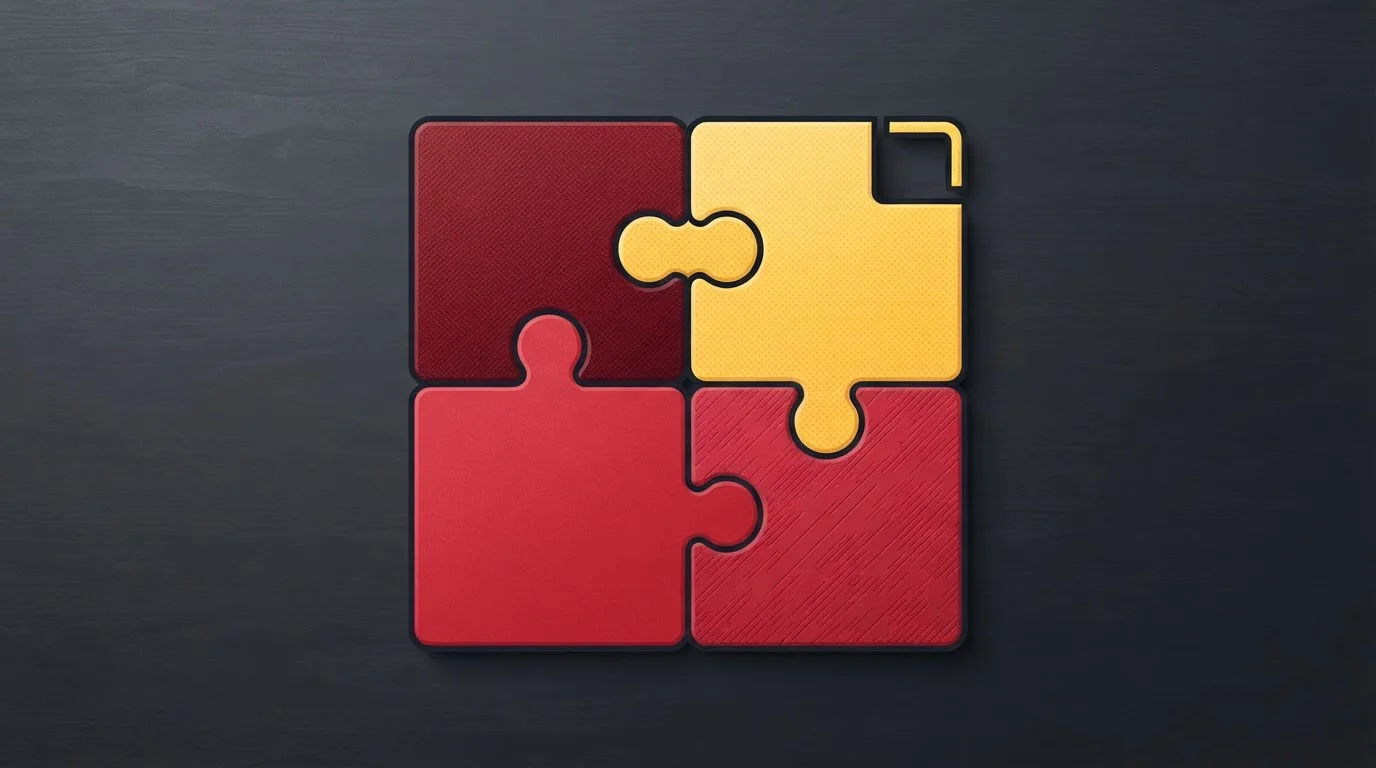 Vier farbige Puzzleteile auf einer Tischfläche
