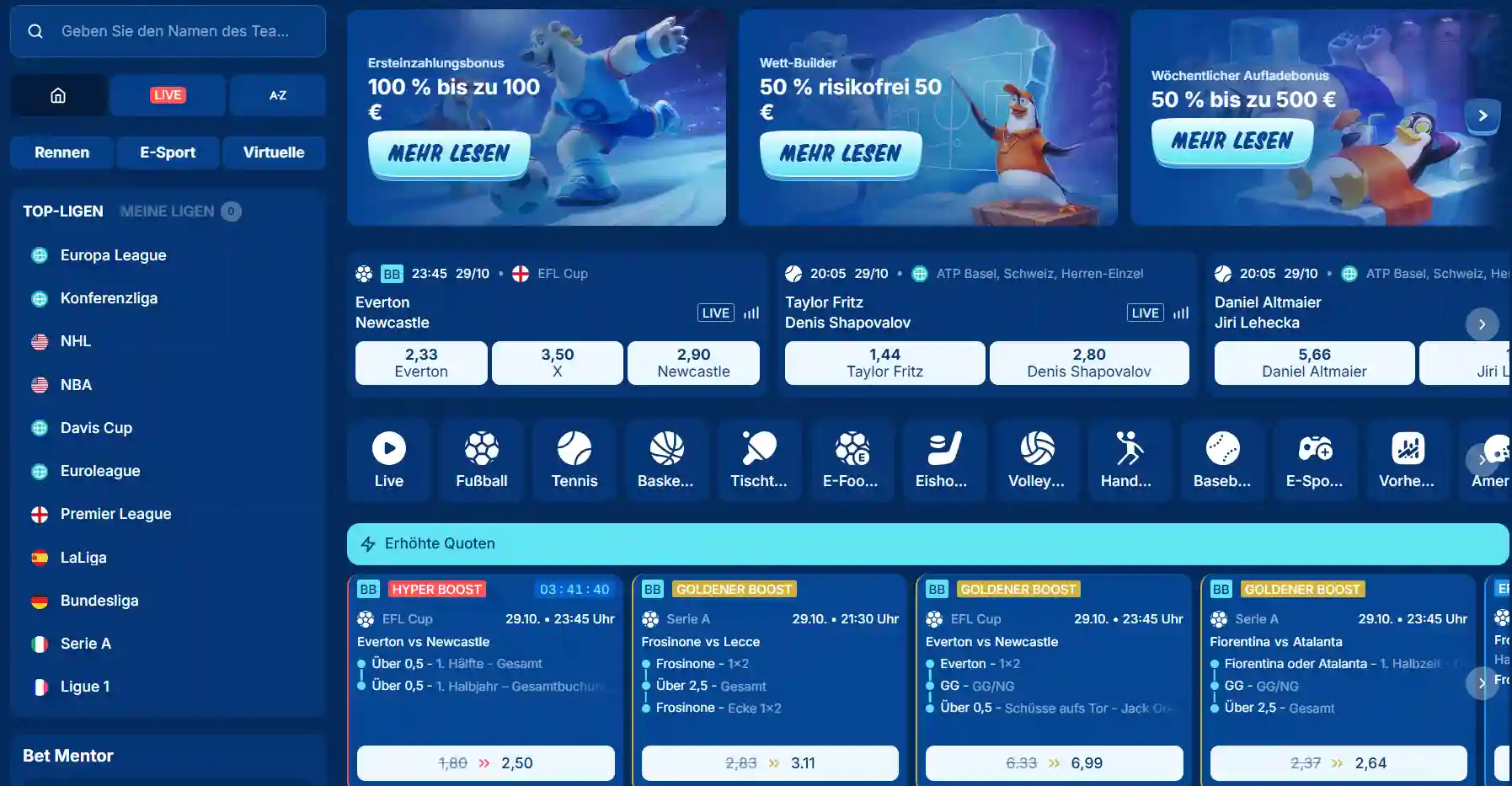 Sportbereich von SGCasino mit Auswahl der Sportkategorien und Märkte