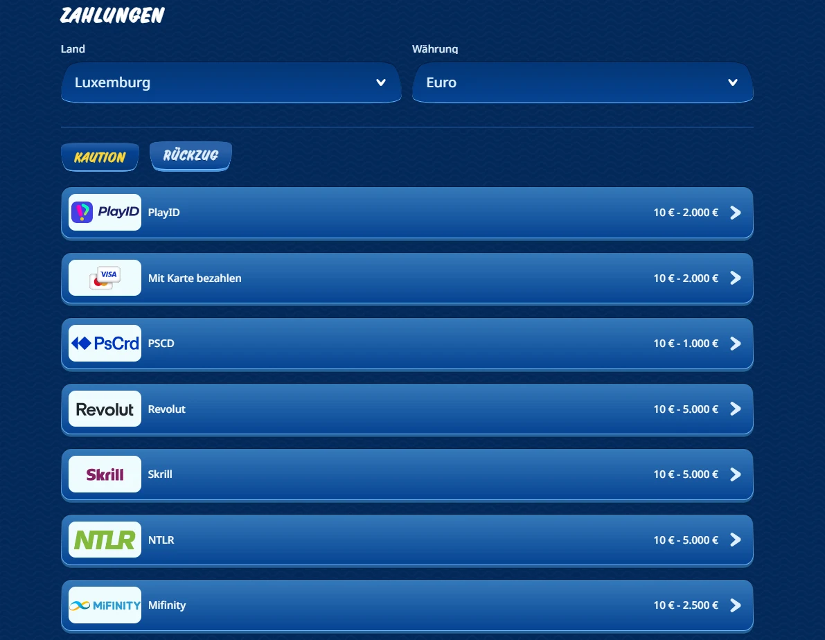 Zahlungsansicht von SGCasino mit Bank Transfer, PlayID und Kryptowährungen