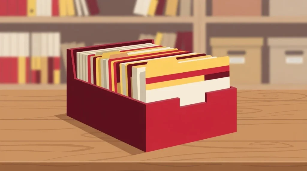 Sortierte Karteikarten in einem Archivkasten mit farbigen Registern