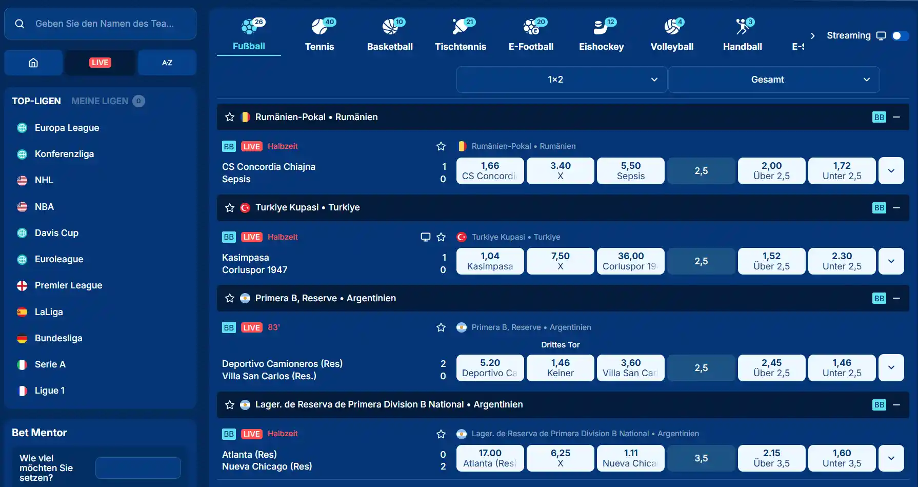 Bereich für laufende Spiele der Sportwetten von SGCasino mit Sportkategorien und laufenden Wettmärkten