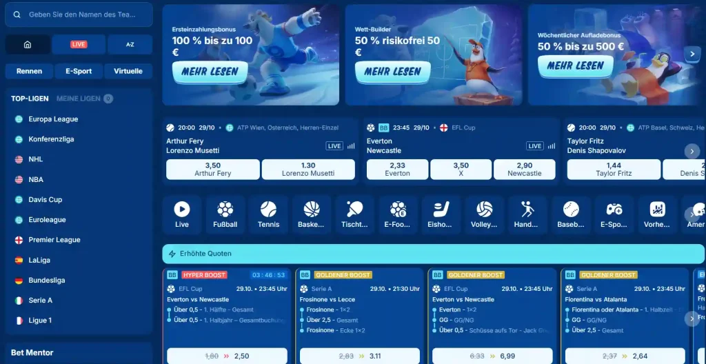 Mobiler Sportbereich von SGCasino mit Sportnavigation und Ereignisübersicht