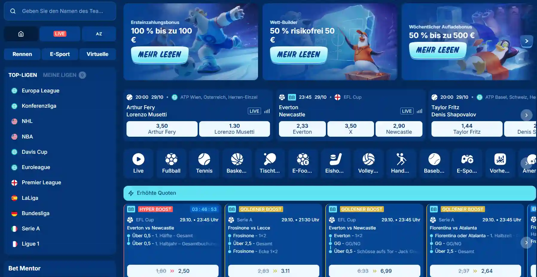 Mobiler Sportbereich von SGCasino mit Sportnavigation und Ereignisübersicht