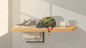 Sportschuhe, Fahrradhelm und Tasse stehen ordentlich auf einem Regal