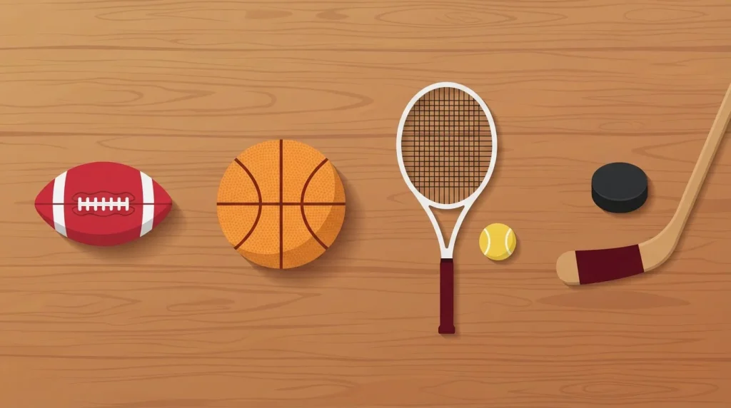 Fußball, Basketball, Tennisschläger und weitere Sportgeräte auf einem Holztisch