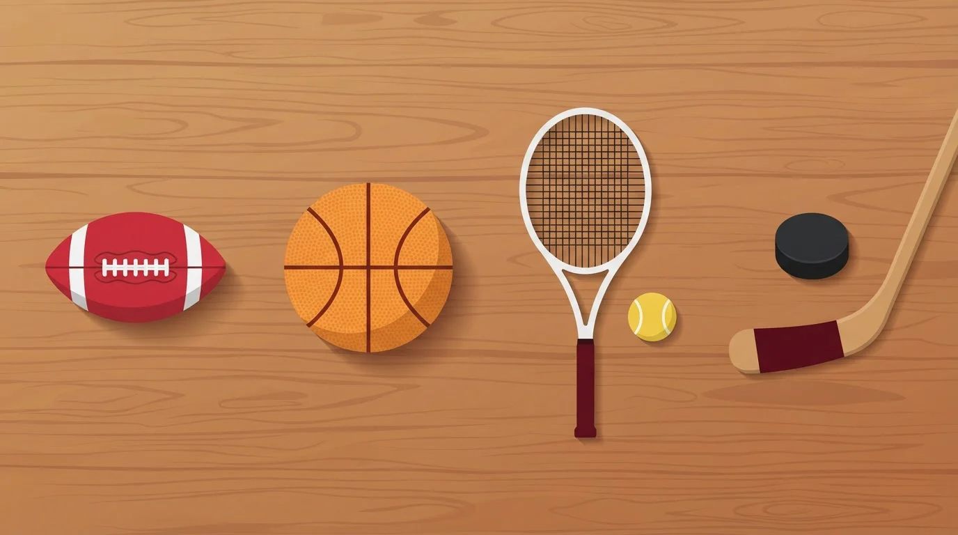 Fußball, Basketball, Tennisschläger und weitere Sportgeräte auf einem Holztisch